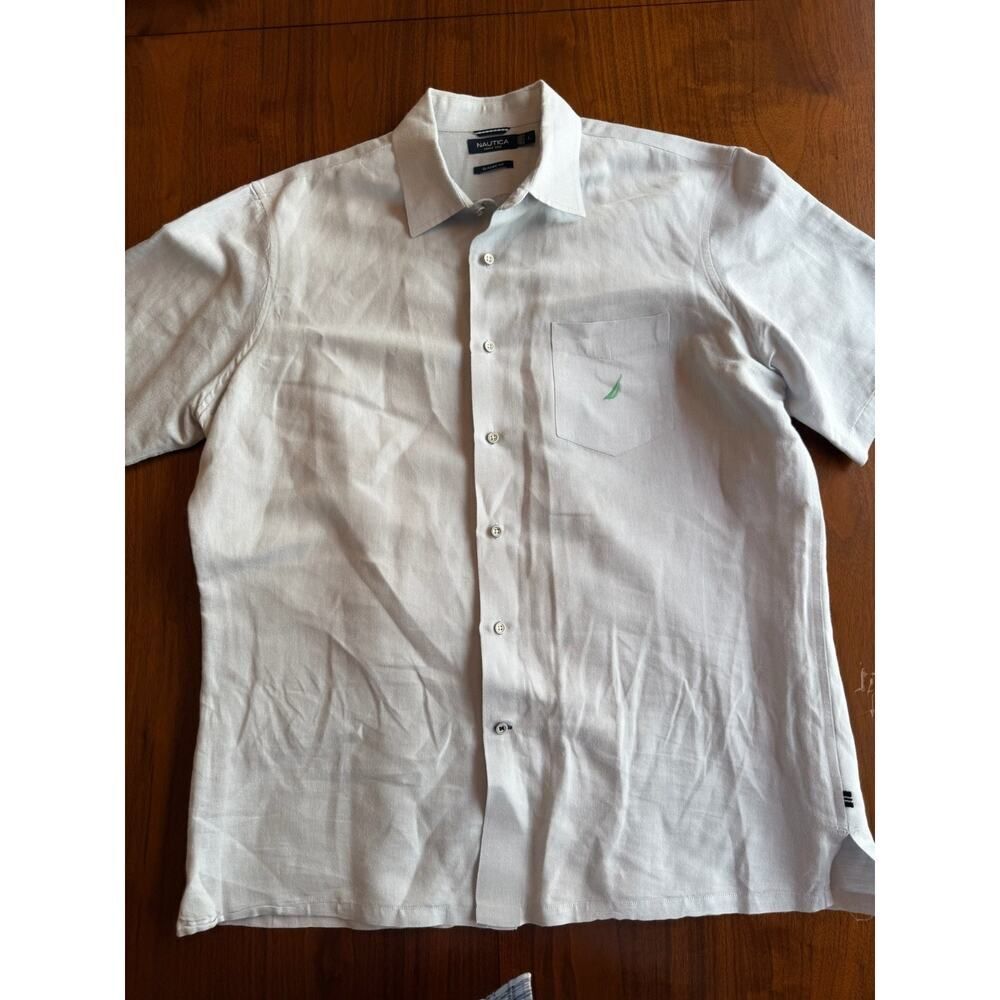 Nautica Men's Light Blue Short Sleeve Ramie Cotton Blend Shirt - Size L
